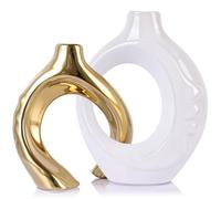 LCCCK Ceramic Vases for Home Decor Boho Vase for Flowers Pampas Grass Decorative Hollow Donut Vase for Living Room Table Wedding Centerpiece Modern Small White and Gold