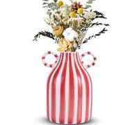 LCCCK Red and White Ceramic Vase, Mid Century Modern Striped Small Vases for Flowers and Pampas Grass, Red and White Plaid Vase for Dining Table Kitchen Table