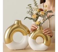 LCCCK White and Gold Circle Vase with Hole, Ceramic Modern Minimalist Dining Table Centerpiece, Donut White Gold Vase for Pampas Grass Mantel Coffee Table Decorative