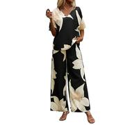 LCDIUDIU 2 Piece Trousers Set Women, Green Short Sleeve V Neck Floral Print T-Shirt Elastic Waist Wide-Leg Pants Co Ord Outfit Summer Loose Party Travel Going Out Lounge Sets Black Xl