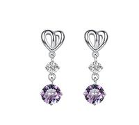LCDIUDIU 925 Sterling Silver Dangle Earrings for Women,Heart Inlaid Double Round Clear Cut Zircon Earrings Hypoallergenic Dangling Studs Pendant Birthstone Gem Jewelry Gift Purple