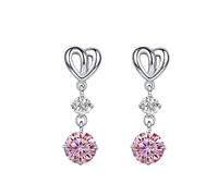 LCDIUDIU 925 Sterling Silver Dangle Earrings for Women,Heart Inlaid Double Round Clear Cut Zircon Earrings Hypoallergenic Dangling Studs Pendant Birthstone Gem Jewelry Gift Pink