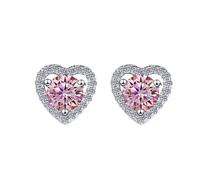 LCDIUDIU 925 Sterling Silver Earring Heart Stud, Love Inlay 5Mm Round Cut Diamond Small Studs Hypoallergenic Birthstone Gem Jewelry Gift for Women Wife Mom Pink