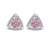 LCDIUDIU 925 Sterling Silver Earrings Studs, Hollow Triangle Inlaid Red Round 5Mm Cut Zircon Small Hypoallergenic Studs Birthstone Earrings Gem Jewelry Gift for Women Wife Mom Pink