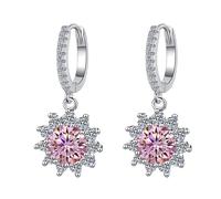 LCDIUDIU 925 Sterling Silver Hoop Earrings, Circle Hinged Dangling Flowers Inlaid Round Purple 5Mm Cut Zircon Hypoallergenic Dangle Earrings Birthstone Gem Jewelry Gift for Women Wife Mom Pink
