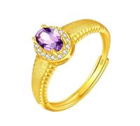 LCDIUDIU 925 Sterling Silver Rings for Women,Oval Cut Natural Birthstone Gemstone Ring for Women 14K Gold Plated Vintage Brushed Band Adjustable Wedding Engagement Band for Her Gift Amethyst Gold Pl