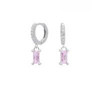 LCDIUDIU 925 Sterling Silver Sleeper Small Hoop Earrings, Hypoallergenic 18K Gold Plated with Cut Square Zircon Dangle Drop Huggies Earrings Elegant Cartilage Jewelry Gift Silver Pink Zircon
