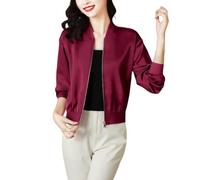 LCDIUDIU Black Satin Bomber Cropped Jacket Women, Lightweight Long Sleeve Zip Up Plain Baseball Jacket Casual Transition Jacket Coat Pilot Aviator Jacket Top,Dark Red,S