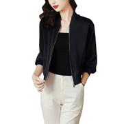LCDIUDIU Black Satin Bomber Cropped Jacket Women, Lightweight Long Sleeve Zip Up Plain Baseball Jacket Casual Transition Jacket Coat Pilot Aviator Jacket Top,Black,S