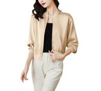 LCDIUDIU Black Satin Bomber Cropped Jacket Women, Lightweight Long Sleeve Zip Up Plain Baseball Jacket Casual Transition Jacket Coat Pilot Aviator Jacket Top,Champagne,M