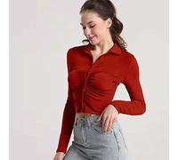 LCDIUDIU Blouse,Women'S Long Sleeve Shirts Red Plain Lapel Button Pleated Bodycon Cropped Top Blouses Spring Autumn Sexy Slim Fit Cardigan Coat Work Office Tops Stylish Tight Shirts,Xl