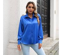 LCDIUDIU Blouses For Women Uk,Women Silk Satin Blouse Elegant Long Sleeve Shirt Blue Solid Color V-Neck Lapel Button Down Basic Blouses Casual Tops Party Beach Office Fashion Party Business Shirts,M