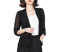 LCDIUDIU Cardigan For Women, Women’S Chiffon Blazer Shawl Colar Ruched 3/4 Sleeve Summer Jacket Shrug Plain Ladies Elegant Cardigans Bolero Jacket Shrug Cover-Up For Business Leisure,Black,Xxl