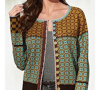 LCDIUDIU Cardigans For Women Uk,Women'S Knitted Cardigans Vintage Ochre Ethnic Pattern Round Neck Button Long Sleeve Open Front Sweaters Cardigan Autumn Loose Short Knit Outerwear Jacket Coat,M