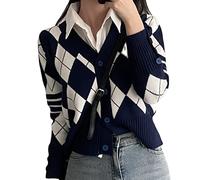 LCDIUDIU Cardigans For Women Uk,Women'S Short Knitted Cardigans Vintage Classic Blue Argyle Plaid V-Neck Button Long Sleeve Open Front Sweaters Cardigan Autumn Slim Knit Outerwear Jacket Coat