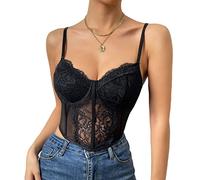 LCDIUDIU Corset Tops For Women,Women Sexy Corsets Elegant Solid Black See Through Lace Bustier Corset Top Summer Slim Spaghetti Straps Boned Push Up Crop Tops Bra Fashion Backless Camis Vest,S