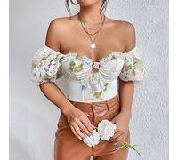 LCDIUDIU Corset Tops Y2K,Women Bustier Corset Top Elegant White Floral Lace Corsets Summer Slim Short Puff Sleeves Boned Push Up Crop Tops Bra Sexy Ruffles Backless T-Shirt For Clubwear Party,S