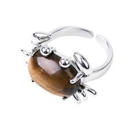 LCDIUDIU Crab Shaped Animal Natural Stone Rings, Silver Inlay Energy Brown Sand Gemstone Rings Open Adjustable Finger Circlet Thumb Band Reiki Jewelry Gift for Her Girlfriend Tiger Eyestone