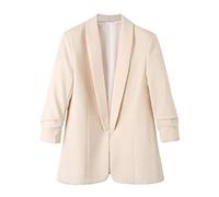 LCDIUDIU Cream 3/4 Ruched Sleeve Blazer for Women, Plain Shawl Lapel Open Front Cardigan Fully Lined Suit Jacket Causal Formal Office Work Elegant Outerwear Tops, Beige, L
