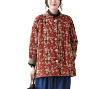 LCDIUDIU Floral Padded Quilted Jacket Womens,Vintage Orange Red Stand Collar Plum Floral Print Cotton Linen Outwear Casual Loose Warm Chinese Tang Suit With Pockets,M