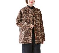 LCDIUDIU Floral Quilted Jacket Womens,Vintage Brown Stand Collar Plum Floral Print Cotton Linen Outwear Casual Loose Warm Padded Chinese Tang Suit With Pockets,Xl