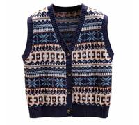 LCDIUDIU Gilet,Women’S V Neck Sweater Vest Retro Navy Blue Cardigan Jacket Striped Snowflake Jacquard Xmas Sleeveless Knitted Gilets Waistcoat Preppy Style Jumper Uniform Tank Top