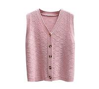 LCDIUDIU Gilet,Women’S V Neck Sweater Vest Retro Pink Solid Color Short Cardigan Jacket Rhombus Geometric Jacquard Sleeveless Knitted Gilets Waistcoat Preppy Style Jumper Uniform Tank Top,Pink, L
