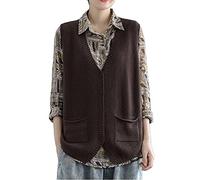 LCDIUDIU Gilet,Women’S V Neck Sweater Vest Vintage Brown Cropped Cardigan Button Jacket With Pocket Simple Sleeveless Knitted Gilets Waistcoat Preppy Style Jumper Uniform Tank Top,Xxl