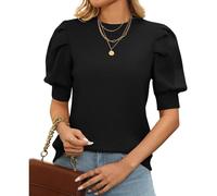 LCDIUDIU Going Out Tops,Women's Knitted Short Sleeve Jumper, White Crew Neck Cable Knit Puff Sleeves Elastic Slim Fit Sweater Blouse Spring Summer Casual Shirt Cropped Tops Black M