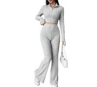 LCDIUDIU Gym Sets For Women 2 Piece Leggings, Gray Striped Long Sleeve Zip Cropped Stand Collar Jacket and Stretch Flared Pants Outfit Fall Casual Gym Sports Co Ord Sets Gray L