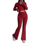 LCDIUDIU Gym Sets For Women 2 Piece Leggings, Gray Striped Long Sleeve Zip Cropped Stand Collar Jacket and Stretch Flared Pants Outfit Fall Casual Gym Sports Co Ord Sets Dark Red L