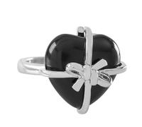 LCDIUDIU Heart Bow Tie Shaped Natural Stone Rings, Silver Inlay Energy Red Jasper Gemstone Rings Open Adjustable Finger Circlet Thumb Band Reiki Jewelry Gift for Her Girlfriend Black Obsidian