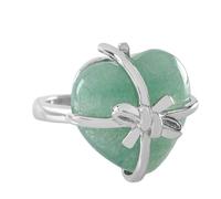 LCDIUDIU Heart Bow Tie Shaped Natural Stone Rings, Silver Inlay Energy Red Jasper Gemstone Rings Open Adjustable Finger Circlet Thumb Band Reiki Jewelry Gift for Her Girlfriend Green Aventurine