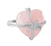 LCDIUDIU Heart Bow Tie Shaped Natural Stone Rings, Silver Inlay Energy Red Jasper Gemstone Rings Open Adjustable Finger Circlet Thumb Band Reiki Jewelry Gift for Her Girlfriend Rose Quartz