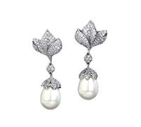 LCDIUDIU Jewellery, Magnolia Floral Inlaid White Zirconia Dangle Imitation Pearls Bud Elegant Hypoallergenic Earrings Dangling Dangly Luxury Jewelry For Women Lady Girls Marry Birthday Xmas Gifts
