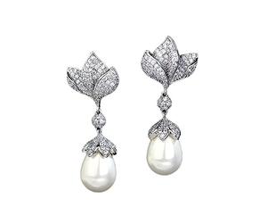 LCDIUDIU Jewellery, Magnolia Floral Inlaid White Zirconia Dangle Imitation Pearls Bud Elegant Hypoallergenic Earrings Dangling Dangly Luxury Jewelry For Women Lady Girls Marry Birthday Xmas Gifts