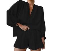 LCDIUDIU Ladies 2 Piece Clothing Set Womens Spring Summer Cotton Linen, White Long Sleeve V-Neck Drawstring Loose Shirt Elastic Waist Shorts Outfit Casual Lounge Co Ord Black Xl