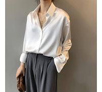 LCDIUDIU Ladies Blouses,Women'S Satin Silk Shirt White Solid Lapel Basic Loose Cardigan Jacket Elegant Charm Office Business Blouse Long Sleeve Button Down Blouses Casual Tunic Tops Streetwear,Xl