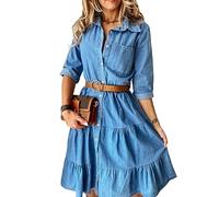 LCDIUDIU Ladies Dresses, Women'S Denim Dress Elegant Blue Splicing Long Sleeves V-Neck Breasted Casual Dress Loose A-Line Tiered Midi Dress Autumn Vintage Wash Faded Jean Dresses With Belt,M