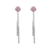 LCDIUDIU Long Dangle Sterling Silver 925 Ladies Earrings, Round Cut Zircon Dangling Long Bar Rhinestones Studs Hypoallergenic Wedding Bridal Drop Earrings for Women Girls Pink