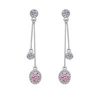 LCDIUDIU Long Dangle Sterling Silver 925 Ladies Earrings, Round Cut Zircon Dangling Long Studs Hypoallergenic Wedding Bridal Drop Earrings for Women Girls Pink