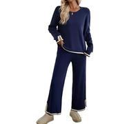 LCDIUDIU Lounge Wear Sets For Women 2 Piece Knitted Outfits, Beige Crew Neck Cable Knit Stripe Trim Sweater Stretch Split Wide Leg Pants Co Ord Sets Fall Winter Casual Tracksuit Navy Blue L