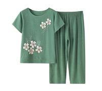 LCDIUDIU Middle-Aged And Elderly Loungewear Sets for Women Summer, Green Crew Neck Floral Print T-Shirt Elastic Waist Cropped Trousers 2 Piece Outfits Co Ord Sets Green S