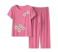 LCDIUDIU Middle-Aged And Elderly Loungewear Sets for Women Summer, Green Crew Neck Floral Print T-Shirt Elastic Waist Cropped Trousers 2 Piece Outfits Co Ord Sets Pink L