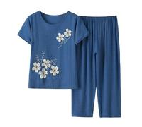 LCDIUDIU Middle-Aged And Elderly Loungewear Sets for Women Summer, Green Crew Neck Floral Print T-Shirt Elastic Waist Cropped Trousers 2 Piece Outfits Co Ord Sets Blue S