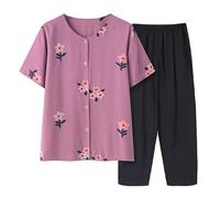 LCDIUDIU Middle-Aged And Elderly Loungewear Sets for Women Summer, Navy Blue Short Sleeve Crew Neck Button Floral Embroidered T-Shirt Elastic Waist Cropped Trousers 2 Piece Outfits Light Purple Xl