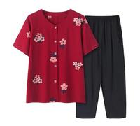 LCDIUDIU Middle-Aged And Elderly Loungewear Sets for Women Summer, Navy Blue Short Sleeve Crew Neck Button Floral Embroidered T-Shirt Elastic Waist Cropped Trousers 2 Piece Outfits Red Xl