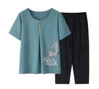 LCDIUDIU Middle-Aged And Elderly Loungewear Sets for Women Summer, Red Crew Neck Fan Floral Print T-Shirt Elastic Waist Cropped Trousers 2 Piece Outfits Daily Co Ord Sets Blue M