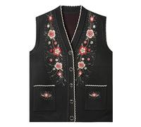 LCDIUDIU Middle Aged and Elderly Sleeveless Knitted Cardigan Vest, Black V Neck Button Sweater Gilets Floral Embroidery Vintage Waistcoat with Pocket Old Lady Winter Warm Knitwear Black XXL