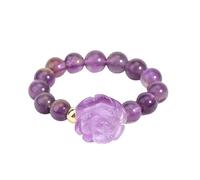 LCDIUDIU Natural Stone Beaded Stretch Stackable Ring 5Mm, Reiki Black Obsidian Rose Flowers Round Beads Energy Gem Finger Circlet Thumb Band Jewelry Gift for Girlfriend Wife Purple Amethyst